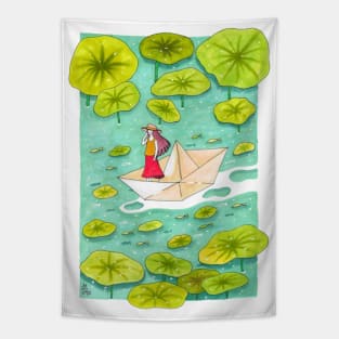 Girl on a paper boat Tapestry