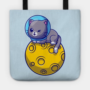 Cute Astronaut Cat Sitting On Moon Cartoon Tote