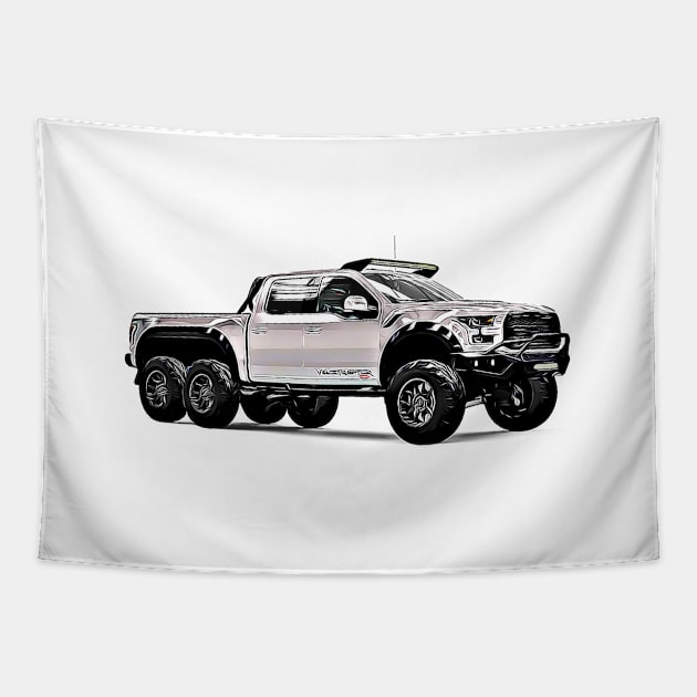 VelociRaptor Truck Cartoon Tapestry by Auto-Prints