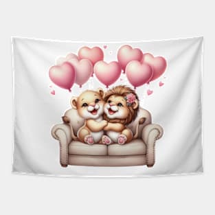 Valentine Lion Couple Sitting Sofa Tapestry