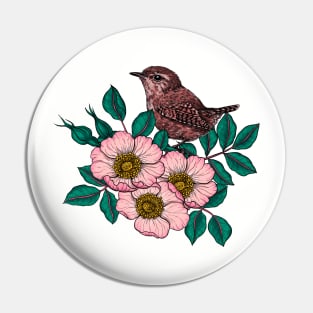 Wren on a dog rose Pin