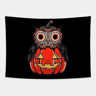 Owl & Jack O' Lantern: Halloween Pumpkin Trick or Treat Design Tapestry