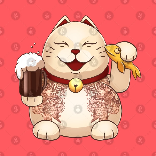 Japanese cat maneki neko with beer by Pulseender