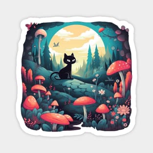 Mushroom Fairy Black Cat Landscape Magnet