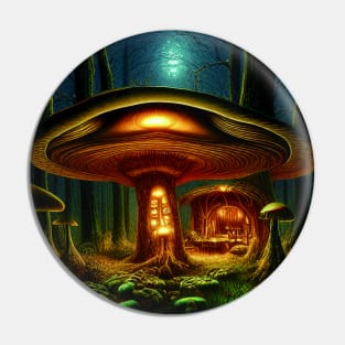 Magical Big Cottage Mushroom House with Lights in Forest with High Trees, Mushroom Aesthetic Pin