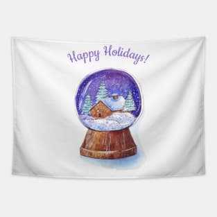 Snow globe Winter cottage with "Happy Holidays" Tapestry