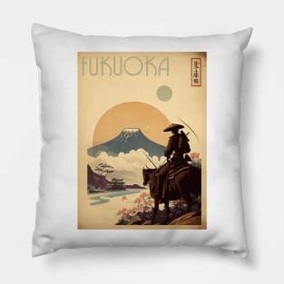 Fukuoka Samurai Vintage Travel Art Poster Pillow