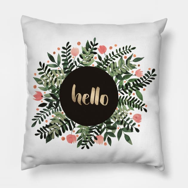 Hello flowers and branches - sap green and pink Pillow by wackapacka