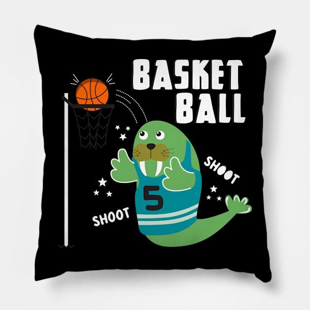 Walrus playing basketball cartoon Pillow by Mako Design 