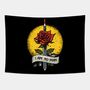 Sunlit Warrior - I am no man - Sword, Roses and Yellow Sun - White - Fantasy Tapestry