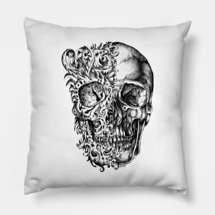 skull , skulls , dead , death , bones , skeleton , engraving , woodcut ,macabre , floral , graveyard,horror Pillow