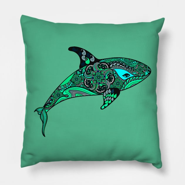 Green Orca Whale design Pillow by Sailfaster Designs