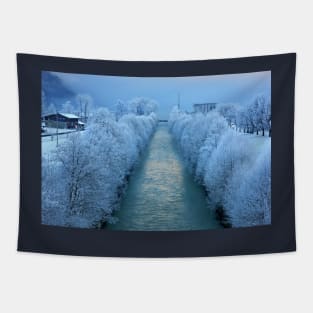 Where the river meets the foggy lake Tapestry