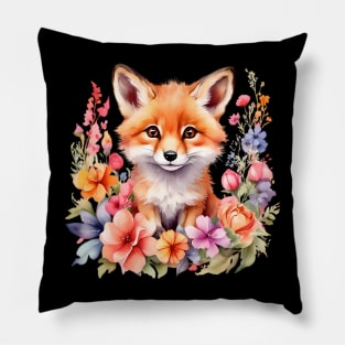 A red fox decorated with beautiful watercolor flowers Pillow