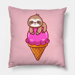 Cute Sloth On Ice Cream Cone Cartoon Pillow