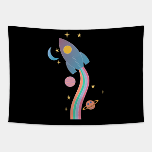 Outer Space Rainbow Rocket Tapestry