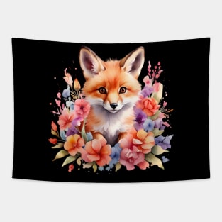 A red fox decorated with beautiful watercolor flowers Tapestry