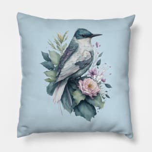 Little Bird around Flowers: Scattered Watercolor in Pastel Colors Pillow