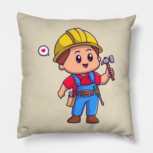 Cute Handyman Holding Hammer Cartoon Pillow