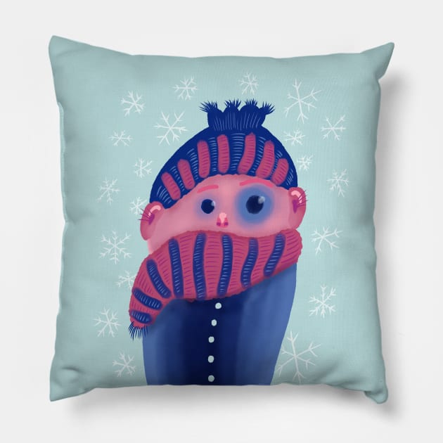 Freezing Kid With Hat And Scarf In Winter Pillow by Boriana Giormova