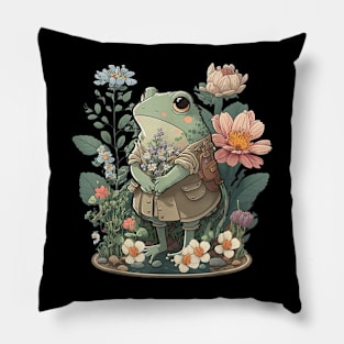 Cute Cottagecore Floral Frog Aesthetic Pillow