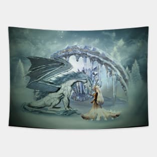 Awesome ice dragon and fairy in a winter landscape Tapestry