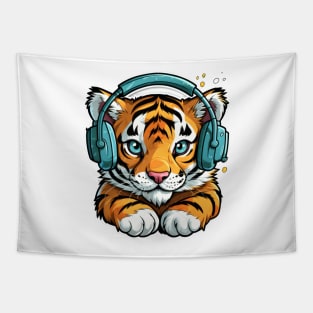 Cute Baby Tiger with Headset Tapestry