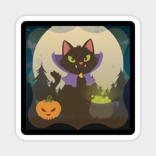 Cat Catoween Dracula Halloween and Pumpkins With Cauldron Magnet