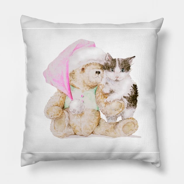 Kitten and Teddy in Santa Hat Pillow by wanderinglaur