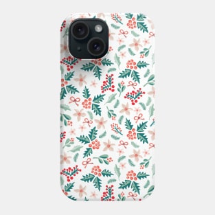 Merry and Bright Mistletoes and Poinsettia flowers on white Phone Case