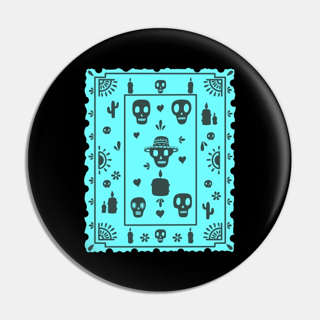 Día De Los Muertos - light teal - Papel Picado - Black Skulls Pin by Scriptnbones