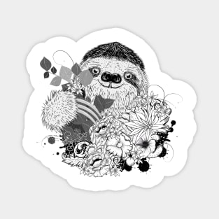 Drawing of a sloth with lush flowers Magnet