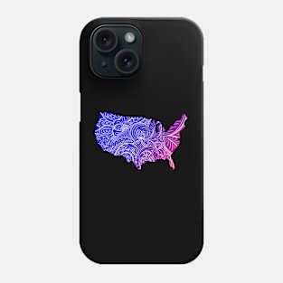 Colorful mandala art map of the United States of America in blue and violet Phone Case