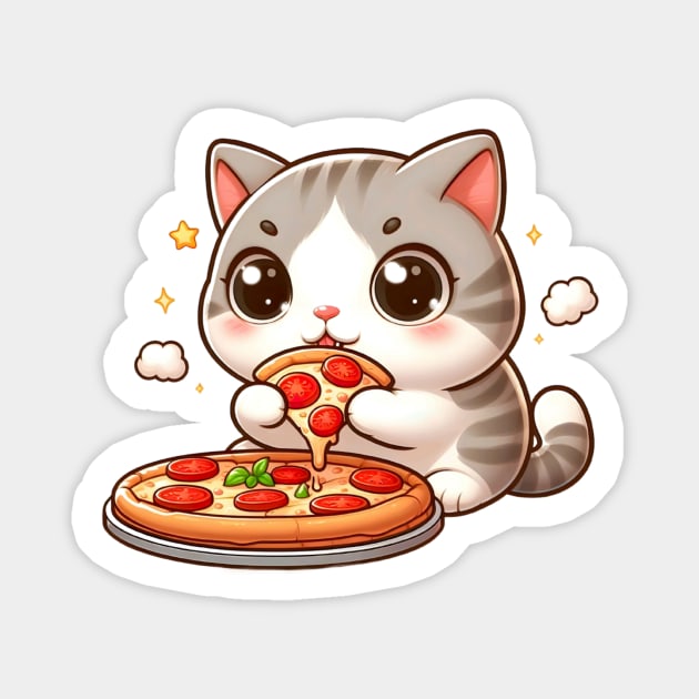 cute cat fat eat pizza slice cartoon illustration Magnet by art poo