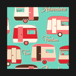 Repeat pattern of cute vintage caravans in retro colours pinks on turquoise T-Shirt