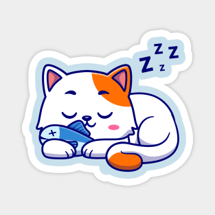 Cute Cat Sleeping With Fish Cartoon Magnet