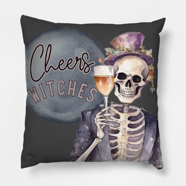 Cheers Witches Skeleton with Halloween Libations Pillow by mw1designsart