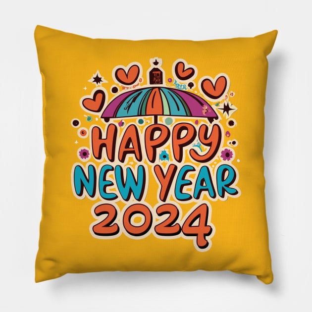 Happy New Year 2024 Funky Love Heart Font Design Pillow by IceTees