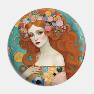 Gustav Klimt's Enigmatic Muse: Inspired Woman in Gilded Splendor Pin