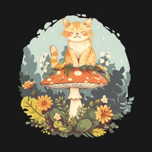 Vintage Cute mushroom Cat Floral Garden Kawaii Kitten T-Shirt