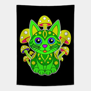 Trippy green cat and mushroom Tapestry