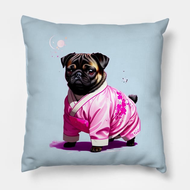 Tranquil Pug in Pink Hanbok Enjoying the Serenity of Moonlight Pillow by fur-niche