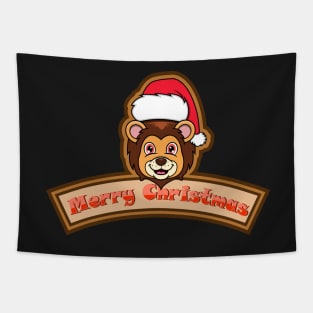 Sticker and Label Of  Lion Character Design and Merry Christmas Text. Tapestry