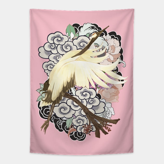 Japanese Crane Bird in Paradise Forest Tapestry by Celestial Crafts