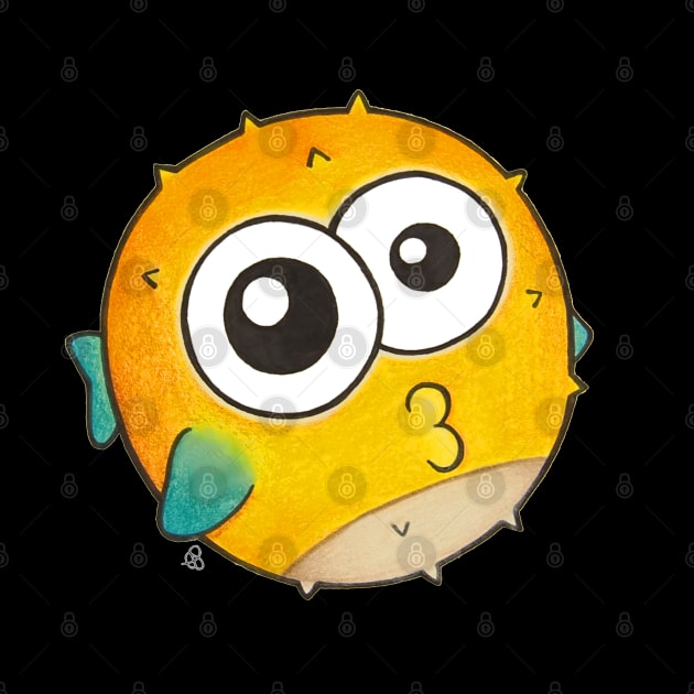 Kiss from a Pufferfish - Cute Yellow Blowfish with Big Eyes by Elinaana