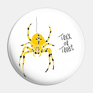 yellow spider with black stripes and trick or treat typography Pin