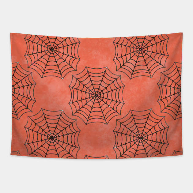 Orange And Black Spider Webs Pattern Tapestry by teevisionshop