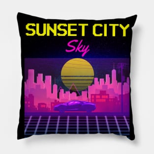 Sunset City Sky Retro Neon Arcade 80s Design Pillow