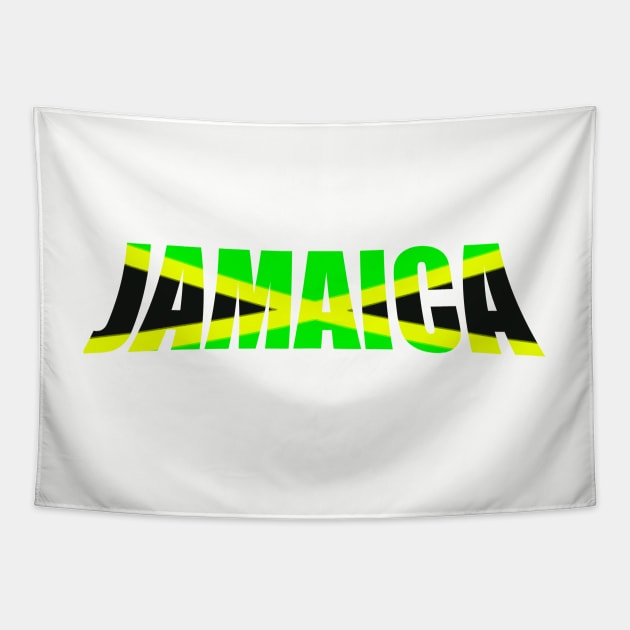 Jamaican flag in black green and gold inside the word Jamaica Tapestry by Artonmytee