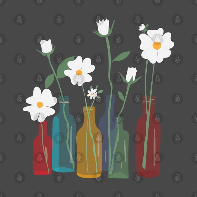 White Tiny Beautiful Flowers, White Flowers In Colorful Vases by MINAART